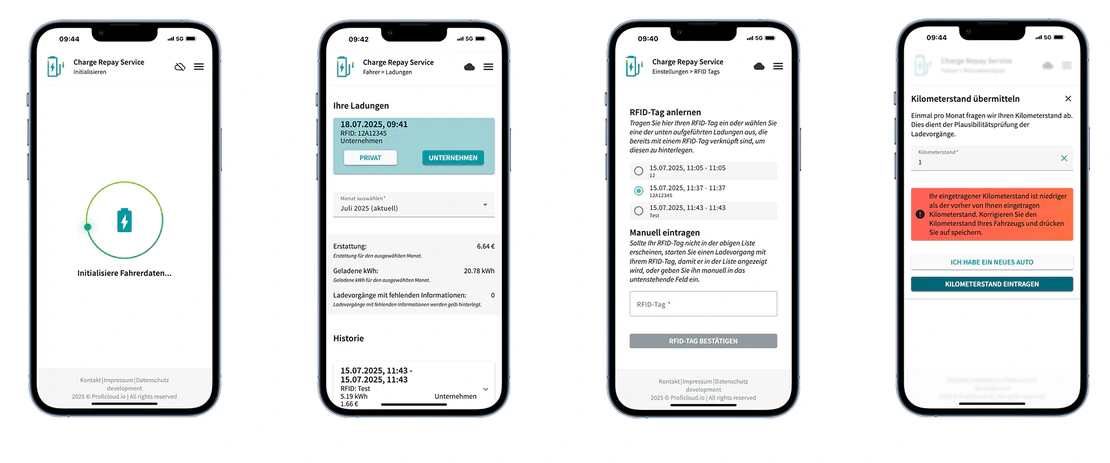 Vier Screenshots der Charge Repay Service App, die verschiedene Funktionen wie Initialisierung, Ladehistorie, RFID-Tag-Anlernen und Kilometerstand-Übermittlung zeigen.